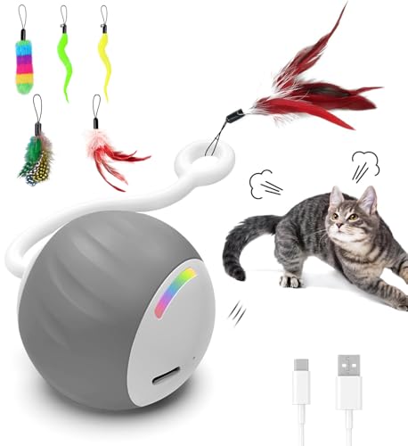 Upgraded 2.36 Inch Large Interactive Cat Toys Ball for Indoor Cats, Gray | Motion and Sound Activated, 2 Speeds, Rechargeable, 5 Replaceable Tails, Stuck-Free Motor, Pink Also Available - color: Gray