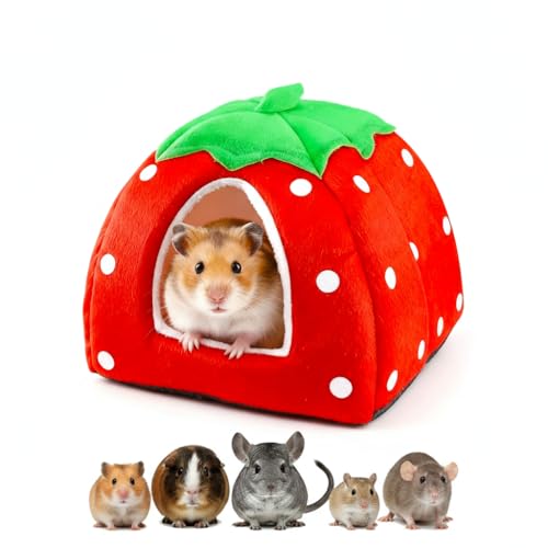 Guinea Pig Bed, Cozy Rabbit Hideout with Warm Fleece Washable Cuddle Cup Winter Sleeping House for Small Pets Strawberry Style