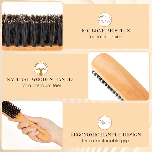 STYLEMATE Boar Bristle Slick Back Hair Brush for Women Men, Soft Bristles Hair Brush for Thin & Fine Hair, Natural Medium Hardness Smoothing Hairbrush for Polishing, Deepening & Styling - size: 1 Count (Beech)