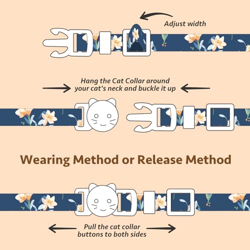 2 Pack Cotton Cat Collar White and Blue Flowers Cute Kitten Cat Collar | Breakaway Breathable Soft material With cute pendants with Bell - color: White&Blue