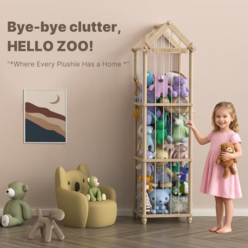 Stuffed Animal Storage Zoo, 65" Extra Large Wooden Plush Toy Organizer, Solid Pine Toy Holder with 3D Sign & Sturdy Base, Vertical Corner Stuffed Animal Cage for Nursery Playroom - size: XLL