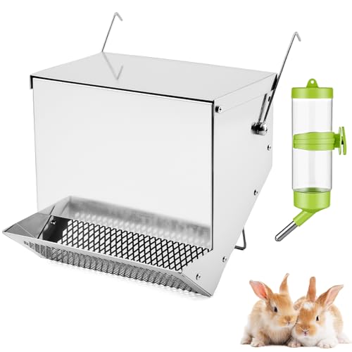 Rabbit Feeders for Cages,3.5 Pound Metal Trough Feeder with Water Bottle | Galvanized Steel Outdoor Bunny Food Dispenser Automatic for Rabbits Chicken Guinea Pig Pet and Other Small Animals Silver