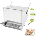Rabbit Feeders for Cages,3.5 Pound Metal Trough Feeder with Water Bottle | Galvanized Steel Outdoor Bunny Food Dispenser Automatic for Rabbits Chicken Guinea Pig Pet and Other Small Animals Silver