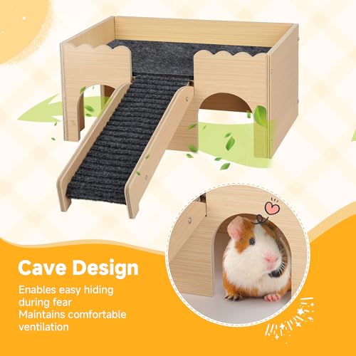Wooden Guinea Pig Hideout Castle with Stairs,Small Animal Bed Hut Habitats Spacious 2-Level Detachable Small Pet House for Rabbits, Hamsters & Chinchillas Bunny (Grey) - color: Grey