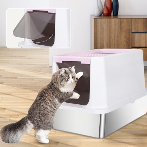 RIZZARI Stainless Enclosed Litter Box: with Scoop & Odor Control | 304 Stainless Basin / Wide Top Opening / Privacy Enclosure / Top & Swing Dual Entry / Anti-Leakage Raised Rim - color: Pink, size: 23.8"L*15.9"W*16.1"H
