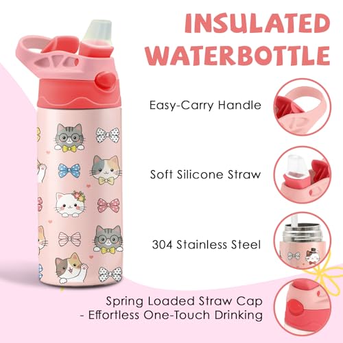 Cat & Bowknot 12 oz Water Bottle with Straw – Kids Stainless Steel Vacuum Insulated Cup, Leakproof Pop-Up Spout, Reusable Travel Mug for Girls Outdoor Sports - color: Cat1
