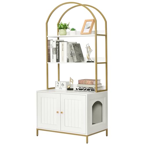 Homhedy Cat Litter Box Enclosure with 2-Tier Shelves, White and Gold | Litter Box Furniture Hidden, Indoor Cat House, Wooden Cat Washroom Furniture with Metal Frame, Modern Style - color: White and Gold