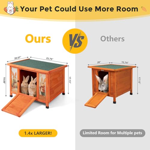 COZIWOW 24 Inch Rabbit Hutch Outdoor, Weatherproof Cat House, Bunny Cage Indoor with Non-Slip Ramp, Portable Wooden Shelter for Rabbits, Feral Cats, Chicken, Duck & Other Small Animals (Orange) - color: Orange w/printing