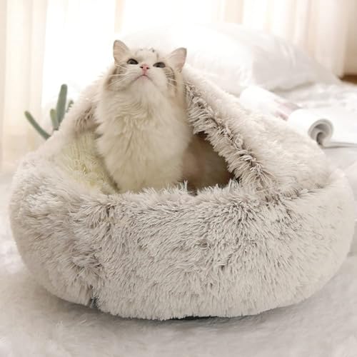 Round Fluffy Hooded Cat Bed Cave, Anti-Anxiety Cave Bed with Blanket | Hooded Cat Bed Cave, Cozy Cuddler Luxury Puppy Pet Bed, Anti-Slip Bottom and Machine Washable - color: Coffee, size: Large