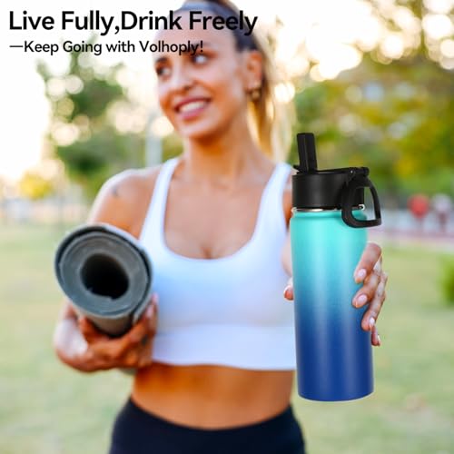 Volhoply 18oz Kids Insulated Water Bottle,Stainless Steel Water Bottles with Straw Lid,Wide Mouth Reusable Metal Water Bottle,Double Wall Vacuum Sports Flask For Cold Drink(Green Blue,1 Set) - color: Green Blue
