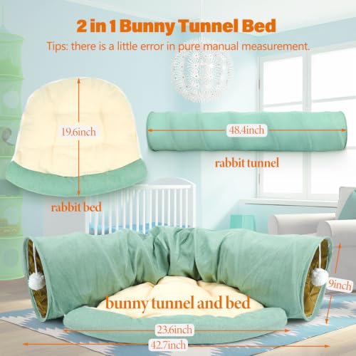 BWOGUE Bunny Tunnel Bed, 2-in-1 Collapsible Rabbit Tunnel Hideout with Mat | Removable Mat for Washing, 46.8 in Length, Ball Toy for Play, Soft Suede Fabric, Cats Rabbits Guinea Pigs - color: Green