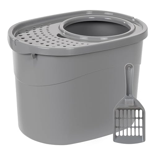 Amazon Basics Large Cat Litter Box with High Sides, Top Entry, Odor Control, Includes Scoop, 20.5 x 14.75 x 14.38 inches, Grey - color: Grey, style: Top Entry