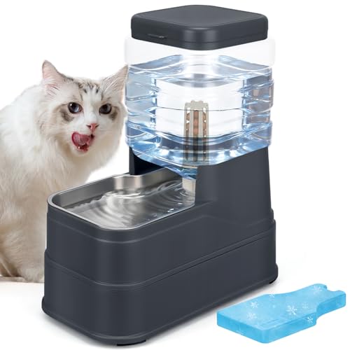 1.1 Gallon Pet Automatic Dog Water Dispenser Cat Gravity Waterer Feeder with Stainless Steel Bowl 8L Large Capacity Puppy Feeding Raised Bowls with Filter,Ice Pack (Charcoal Gray, 4L(1.1 Gallon)) - color: Charcoal Gray, size: 4L(1.1 Gallon)