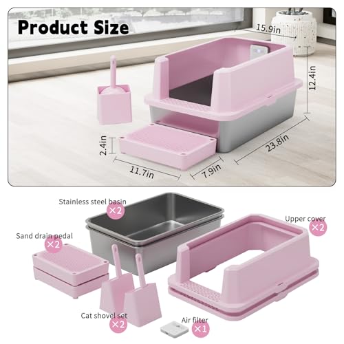 RIZZARI High-Sided Large Cat Litter Box: 2-Pack for Multi-Cat Use | 304 Steel Odor-Resistant Tray / 6.5" High Splash Guard / Dual Anti-Tracking / Built-In Deodorizer / Spacious for Large Breeds - color: Pink with Deodorizer, 2 Pack