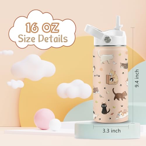 Cat Lover Gifts for Boys Girls, 16 oz Stainless Steel Insulated Water Bottle with Straw Lid, Cats Water Bottle for Cat Lovers, Cute Cat Tumbler for Birthday Christmas (1pcs) - color: Cat