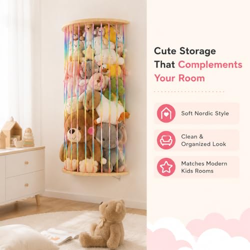 Stuffed Animal Storage Hammock Wooden Half Circle Design Wall Hanging Plush Toy Organizer for Kids Room Decor, Plush Net Hammock Playroom Nursery Stuffed Animal Corner Net Shelf - style: Rainbow semicircle