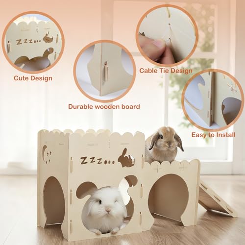 Large Rabbit Castle, Wooden Bunny House,Detachable Rabbit Hideaway, Indoor Hamster Castle with Ramp, Small Animal Houses & Habitats for Guinea Pig Chinchilla Ferret(2 House) - size: Large - 2-House