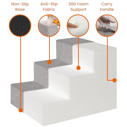 MEWANG Dog Stairs for Small Dogs, Medium Dogs & Old Cats – 4-Step Pet Ramp with High-Density Foam for Bed and Couch, Non-Slip Bottom, Washable Cover, Grey (23.9" L x 14.9" W x 18.2" H)