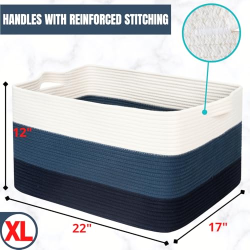 22in Extra Large Blanket Basket Holder Living Room, Rectangle Rope Woven Storage Basket with Handles for Laundry, Pool Towels, and Shoes, Dog Toy Organizer Bin Box, 3-Tone Blue - color: 3-Tone Blue