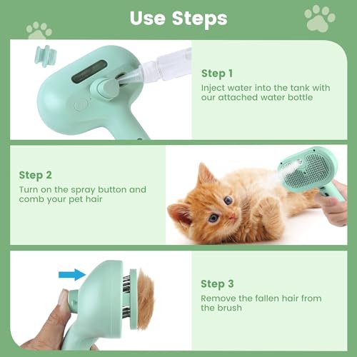 3 in 1 Cat Steam Brush, Pet Spray Hair Removal Comb for Shedding & Grooming, Water Brush for Cats Dogs Small Animals Long Short Haired with One-Click Release Button(Green) - color: Green
