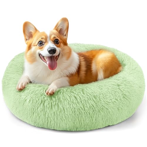 28in Large Dog Bed, Medium Size Dog and Cats, Calming Donut Bed for Puppy and Kitten, Washable Round Fluffy Pet Bed (Green) - color: Green, size: 28.0"L x 28.0"W x 8.0"Th