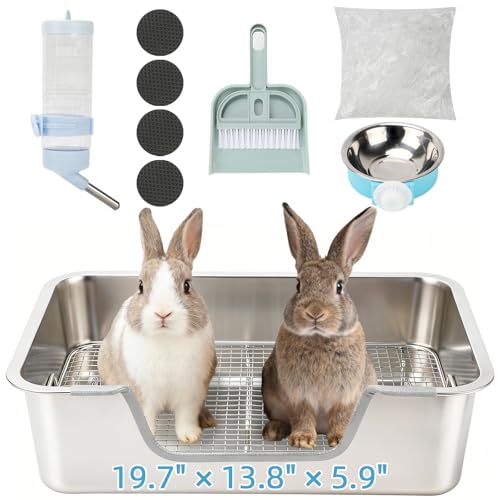 BWOGUE Large Stainless Steel Rabbit Litter Box, Bunny Litter Box with Grid | Large Rabbit Litter Box, Steel Grid with Sifting Tray, Low Entry Potty Pan, Easy to Clean, Helps Control Odor, Rabbits - size: L:19.7in ×13.8in × 5.9inches