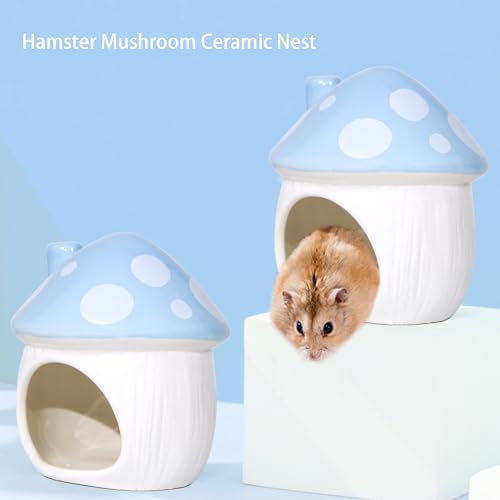 Ceramic Mushroom Hamster Hideout - Hamster Habitat for Hamsters Chinchillas Hedgehogs and Gerbils Mouse Small Pet Guinea Pigs House Hamster Bed (Blue) - color: Blue