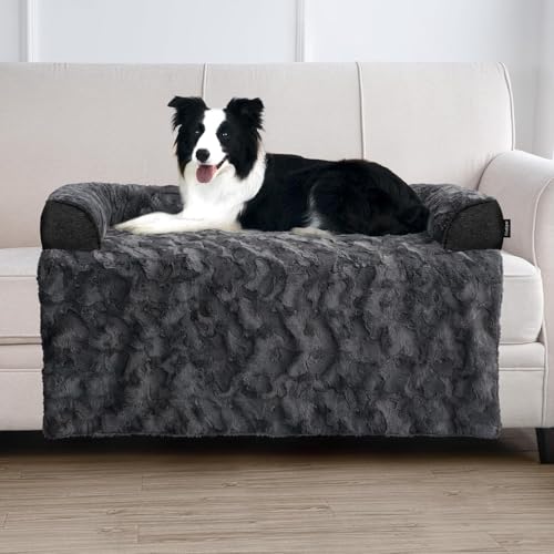 Calming Large Dog Couch Bed, Waterproof Memory Foam with Durable Fluffy Fuzzy Mats, Washable Removable Cover Protector for Sofa, Bedside, Gift, 41 x 37 Inches, Dark Grey - color: Dark Grey, size: Large