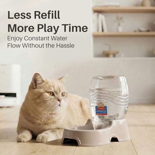 Flexzion Gravity Pet Water Dispenser for Cats & Small Dogs, 1/4 Gal Beige | Automatic Cat and Dog Waterer with 900 Ml Reservoir, Non-Skid Feet, Recessed Carry Handle, and Easy-Clean Pp Bowl - color: Beige, size: 1.5 L