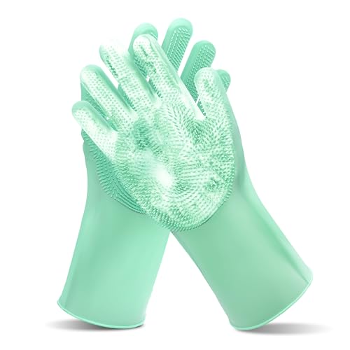 Pet Grooming Gloves—Dog Washing Gloves with High-Density Teeth | Dog Bath Scrubber with Enhanced Five Finger Design, Silicone Gloves for Dogs and Cats Bathing, Massage (Green) - color: Green