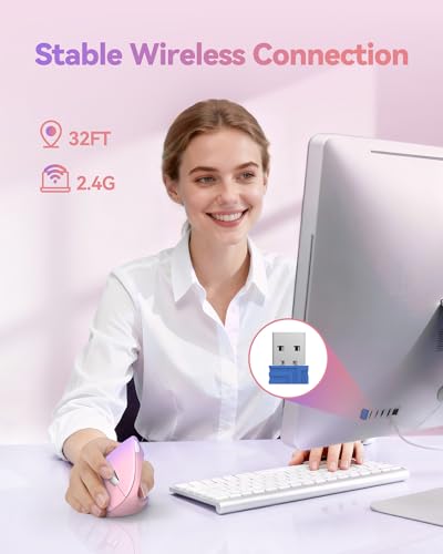 TECKNET Ergonomic Mouse Vertical Wireless with 2.4GHz USB A Receiver | 4800 DPI Optical Tracking, 12 Months Battery Operated, Carpal Tunnel Mice, 6 Buttons, Quiet, for Laptop, PC - Pink Purple - color: Pink Purple