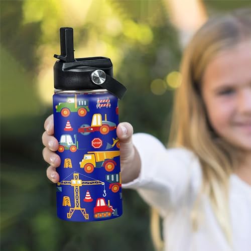 Kids Water Bottle with Straw Construction Insulated Water Bottles 12oz Stainless Steel Travel School Tumbler Double Wall Vacuum Cup for Boys Kid - color: Construction 2