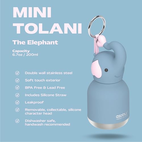 asobu Mini Bestie Water Bottle, Cute Collectible Character, Stainless Steel | 6.7 oz, Leak Proof Seal, Spill Resistant, BPA Free Materials, Dishwasher Safe, Reusable Straw Included, Great Gift Idea - color: MINI TOLANI THE ELEPHANT