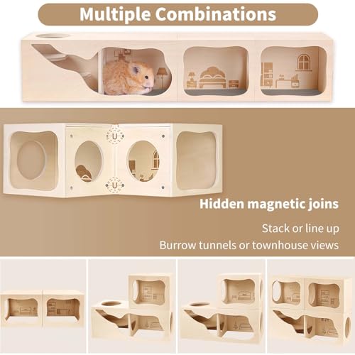 Marchul Magnetic Hamster Hideout Wooden House Chamber for Small Animals Pets Tunnel Exploring Toys for Dwarf Hamsters, Syrian, Gerbils, Hedgehogs, Rats, Mice (Living Room)