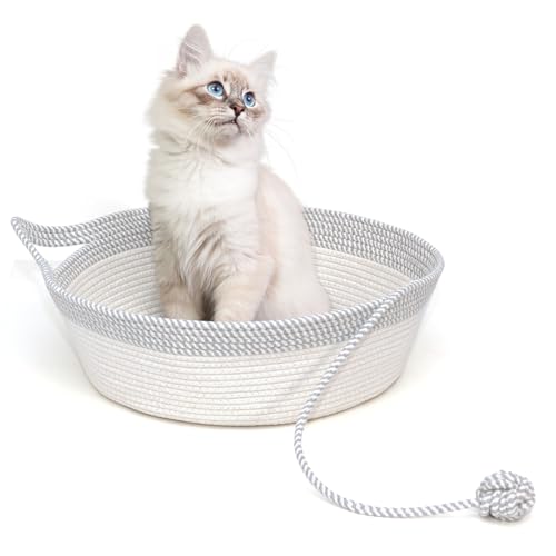 Cotton Rope Woven Cat Bed Basket, Hand Woven with Toy Tail, Small Dogs & Puppies Sleeping Bed, Indoor Cat & Rabbit Basket (Large, Gray & White) - color: Gray & White, size: Large
