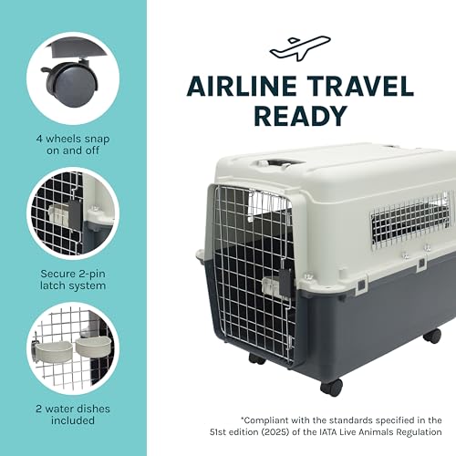 SportPet Airline Compliant LARGE 31.5" Travel Dog Kennel-Durable Plastic Airline Pet Carrier w/ Removable Wheels & Food Bowls, Collapsible Indoor/Outdoor Dog Kennel, Dogs up to 28"L & 20"H-Cream/Gray - color: Cream/Gray