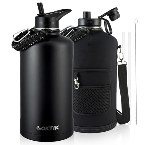 COKTIK 128oz Insulated Water Bottle - Stainless Steel Vacuum Metal, Portable 1 Gallon Large-Capacity Sports Bottle with Straw, Carry Bag and Handle Strap, Ideal for Gym & Hiking(Black) - color: Black, size: 128 Ounces