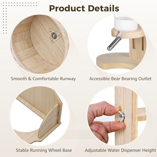 2 PCS Wooden Silent Hamster Wheel and Hamster Water Bottle Set, 8.6" Guinea Pig Wheel with Adjustable Water Dispenser Stand for Gerbil, Syrian & Dwarf, Chinchilla and More Small Animal