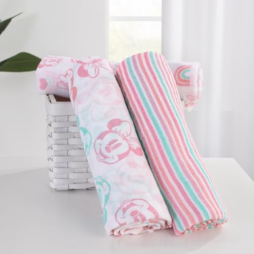 NoJo Disney 3 Piece Muslin Swaddle Set Minnie Mouse Blankets 44x44 Inches, Soft 100% Cotton Muslin Wonderful Baby Gift - color: Minnie Mouse Pink, Aqua, and White