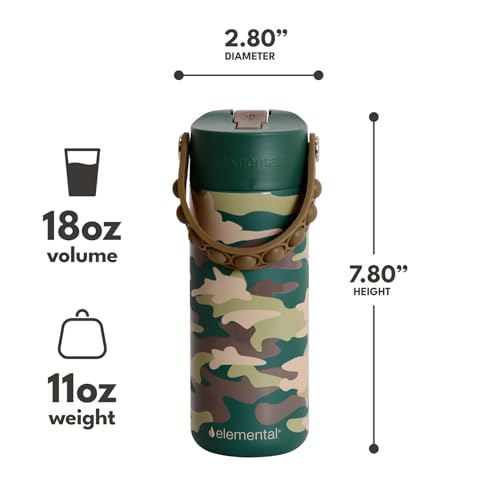 Elemental 100% Leak Proof When Spout is Closed Insulated Kids Water Bottle, Stainless Steel Bottle for School with Straw Lid & Pop-It Handle, Skater Dinos & Green Camo -18oz (2 Pack) - color: Dinos & Green Camo