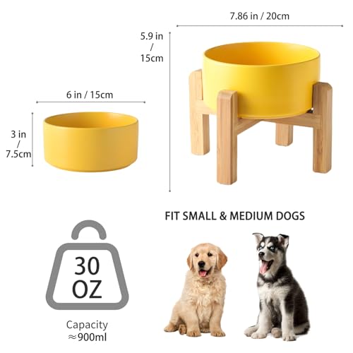 6'' Ceramic Raised Dog Bowl - 30Oz Dog Food & Water Bowl with Elevated Non-Slip Bamboo Stand, Dishwasher & Microwave Safe, Anti Vomiting Heavy Duty Pet Bowl for Small and Medium Dogs, Yellow - color: 1 x Bowl + Stand - Yellow, size: 6 inch