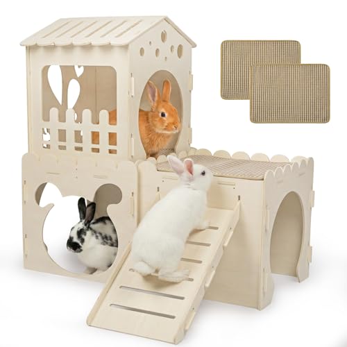 Extra Large Rabbit Castle, Wooden Bunny House & ,Detachable Rabbit Hideaway, Indoor Hamster Castle with Ramp, Small Animal Houses & Habitats for Guinea Pig Chinchilla Ferret(3 House with Sisal Mat) - size: 3 House with 2 Mat
