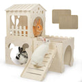 Extra Large Rabbit Castle, Wooden Bunny House & ,Detachable Rabbit Hideaway, Indoor Hamster Castle with Ramp, Small Animal Houses & Habitats for Guinea Pig Chinchilla Ferret(3 House with Sisal Mat) - size: 3 House with 2 Mat