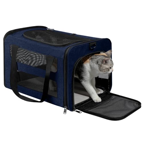 Cat Carrier Soft-Sided Travel Bag for Medium to Large Cat Over 15lbs | Small Puppy Dog Carry Crate 12 Pounds, Top Entry, Breathable Mesh, Pet Kitten Rabbit Cage Bag Transport Kennel Collapsible - color: Navy