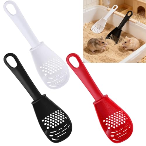 3 Piece Set Small Animal Litter Scoop Red White Black Plastic Mesh Scooper Hamster Cage Accessories Litter Sifter with Small Holes for Sand Bath