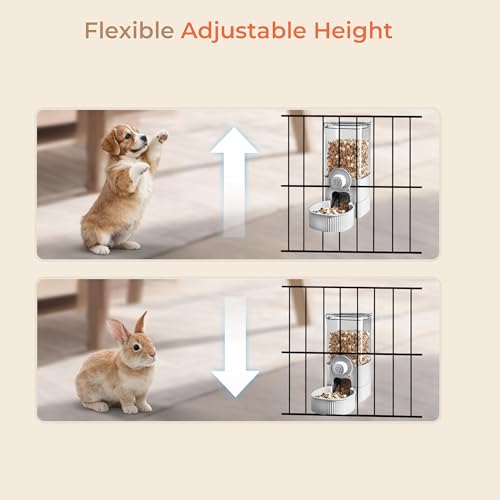 41 oz Hanging Gravity Feeder for Small Animals, Rabbits & Guinea Pigs | Adjustable Cage Height | No-Open-Cage Refill | Space-Saving | Clear Reservoir | Versatile Food Compatibility - color: White
