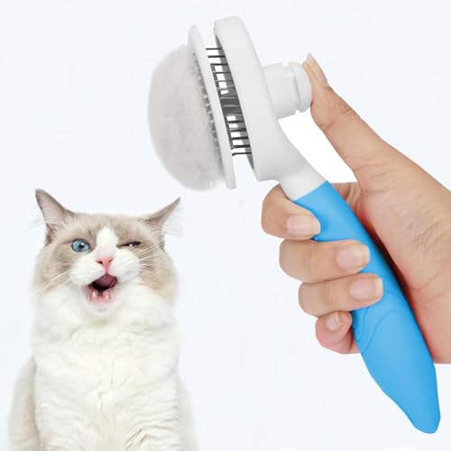 Self Cleaning Slicker Brush - Cat Brush Skin-Friendly Deshedding Grooming Massaging Tool for Long & Short Haired Pets, Cat Hair Brushes Removes Undercoat for Dogs Cats Rabbits-UPGRADED (2Pack Blue) - color: 2Pack Blue