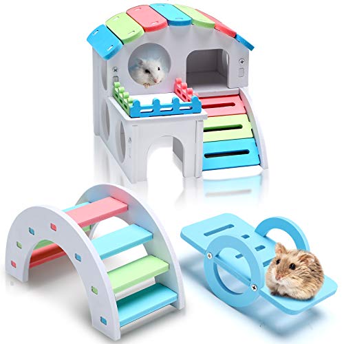 3 Pieces Fun Hamster Guinea Pig Hideout Kit Include PVC Hamster House, Rainbow Bridge, Seesaw DIY Exercise Playhouse for Rats Mouse Small Animals(Small,Rainbow Color) - color: Rainbow Color, size: Small