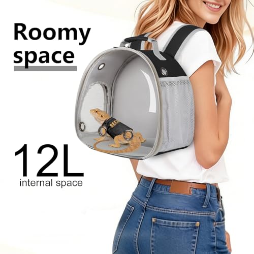 Bearded Dragon Carrier Backpack with Security Printing Harness Leash Set, Reptile Lizard Space Capsule Astronaut Clear Bubble Window Travel Carrier for Small Animal Guinea Pig(Black, Security Harness) - color: Black