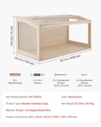 VEVOR Wooden Hamster Cage 40.1"x20.4"x20.1" 270° Viewing Hamster Habitat, Chewproof Acrylic Small Animal Cage with Openable Top, Large Pet Enclosure for Syrian/Dwarf Hamsters, Guinea Pigs & Gerbils - size: 40.1"L x 20.4"W x 20.1"H